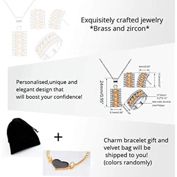 Platinum Plated Necklace Earring Ring CZ Cubic Rhinestone Necklace Ring Earrings - Picture 5 of 7